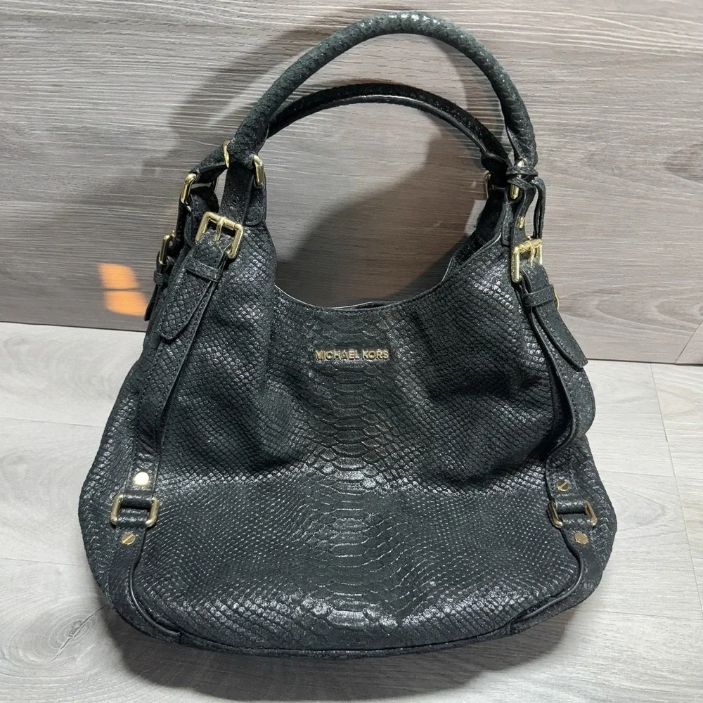 Michael Kors Black Snakeskin Embossed Leather Hobo Shoulder Bag Purse Genuine